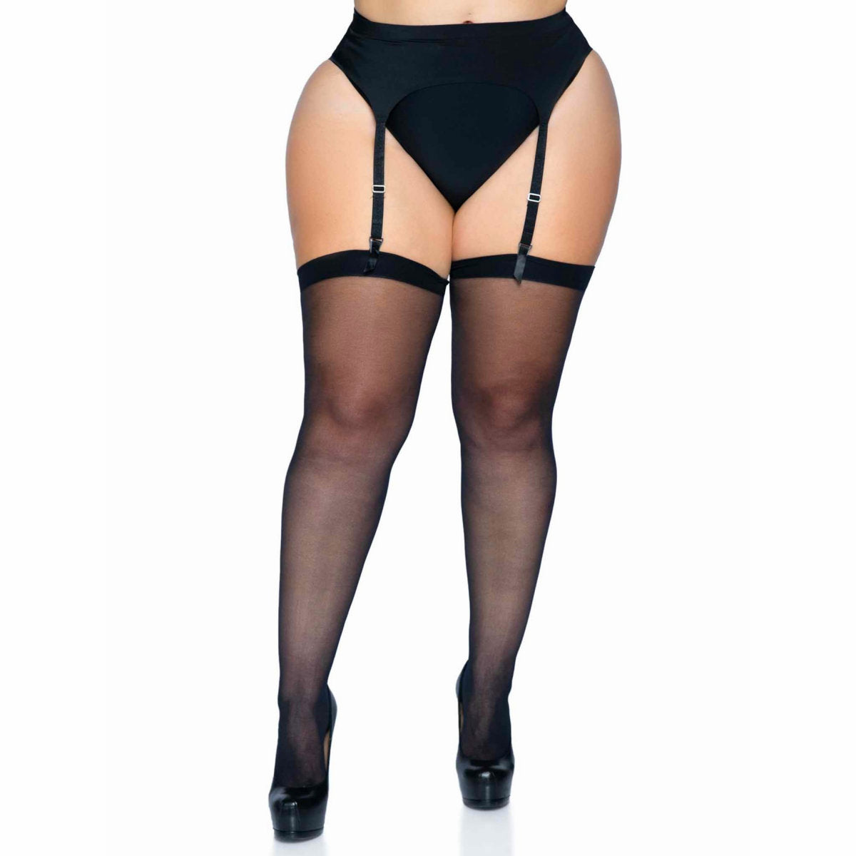 Plus Size Sheer Thigh High Bakcseam Stockings Hosiery, Black, Leg Avenue