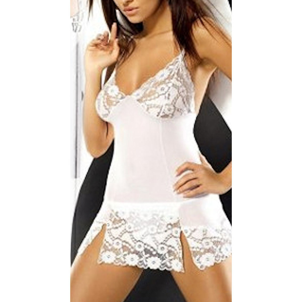 Daisy Lace Semi-Sheer Chemise White + G-string