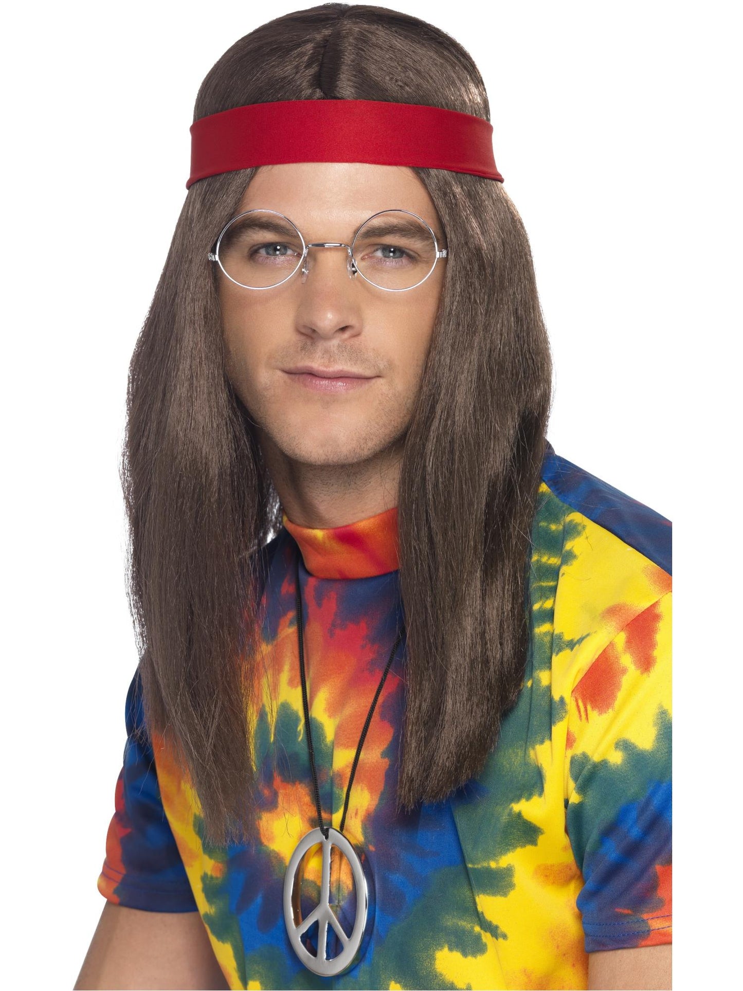1960's Hippie Guy Brown Hair Wig + Glasses, Headband Medallion Men's Costume Set