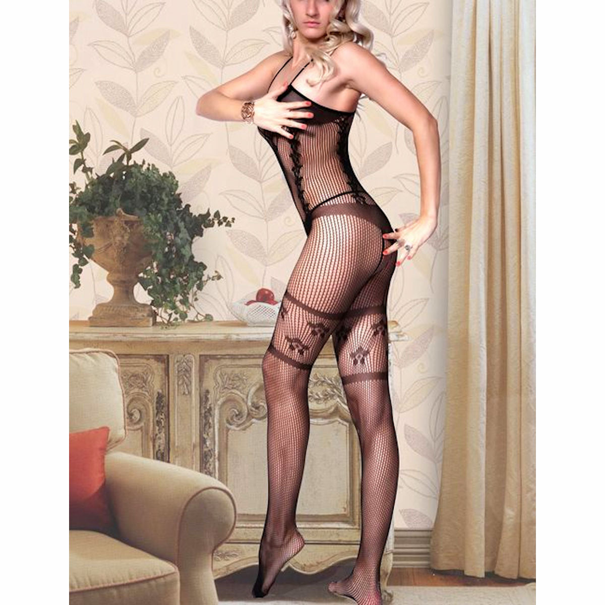 Body Stocking Fishnet Black Criss Cross Drtail Women's Lingerie Crotchless