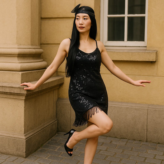 1920's Gatsby Flapper Dress Black Sequin & Low Plunging Back Fancy dress costume