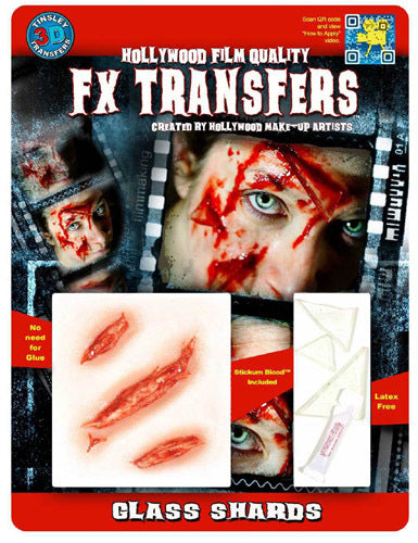Glass Shrads 3D FX Transfer Tinsley Temporary Tattoo Halloween Special FX Make Up