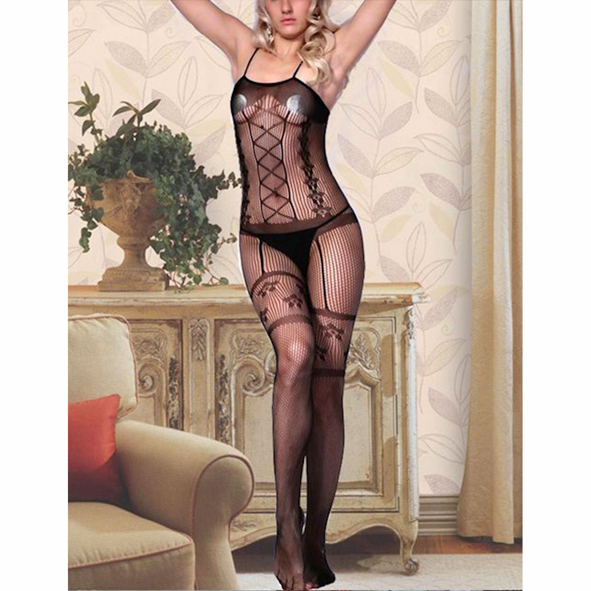 Body Stocking Fishnet Black Criss Cross Drtail Women's Lingerie Crotchless