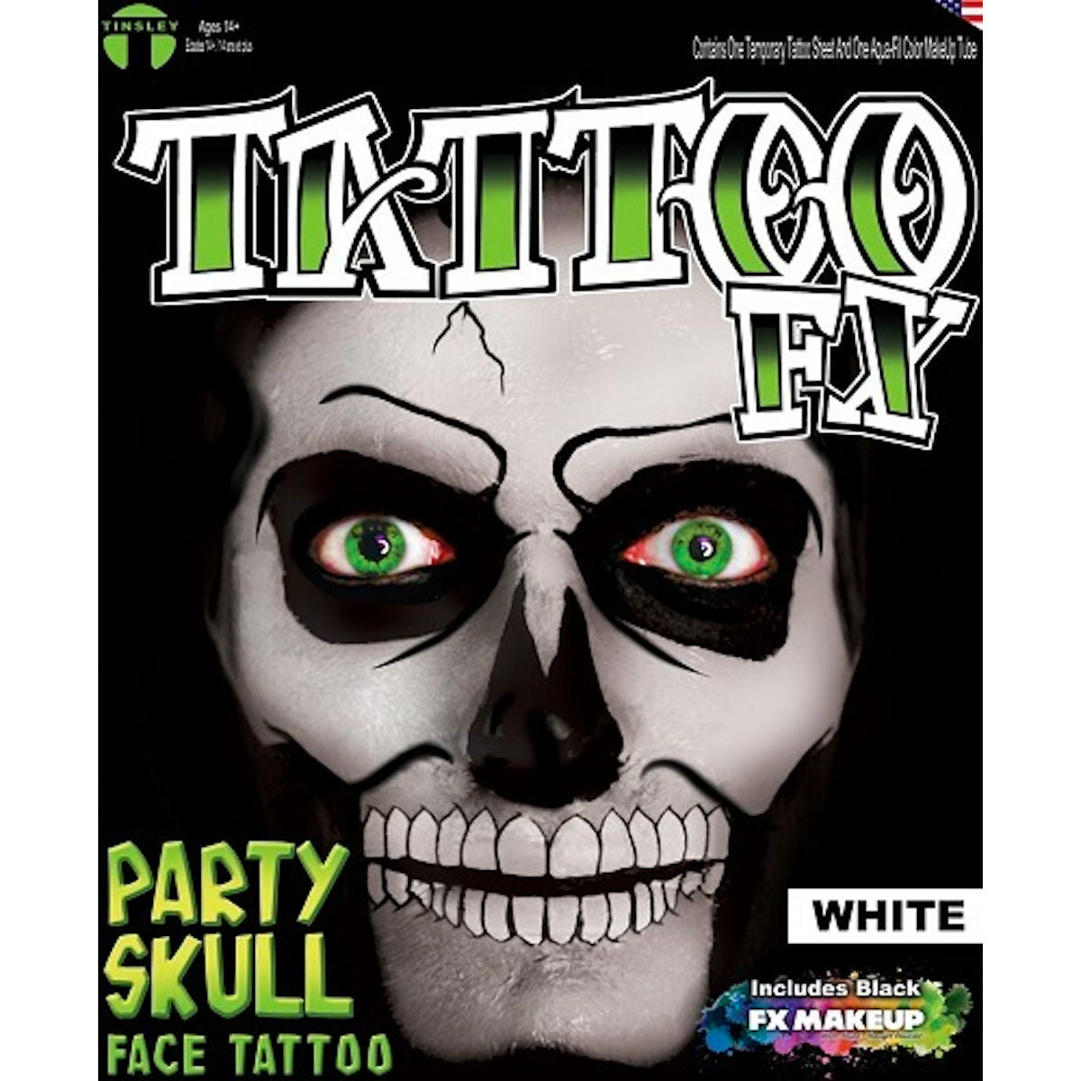 Party Skull White Face Tattoo Genuine Tinsley Transfer
