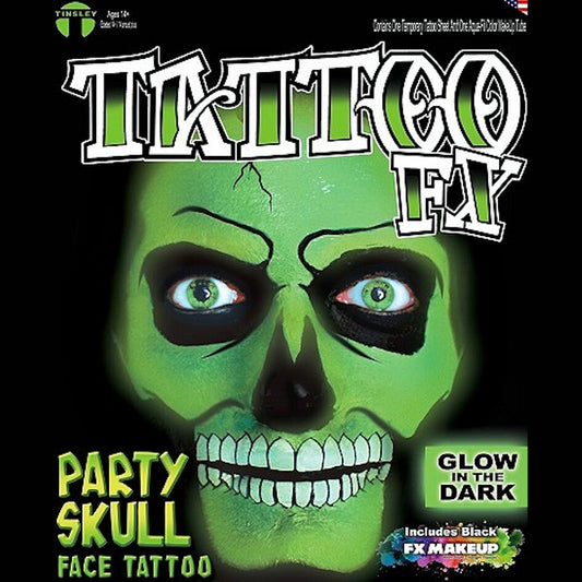 Party Skull Glow in the Dark Face Tattoo Genuine Tinsley Transfer