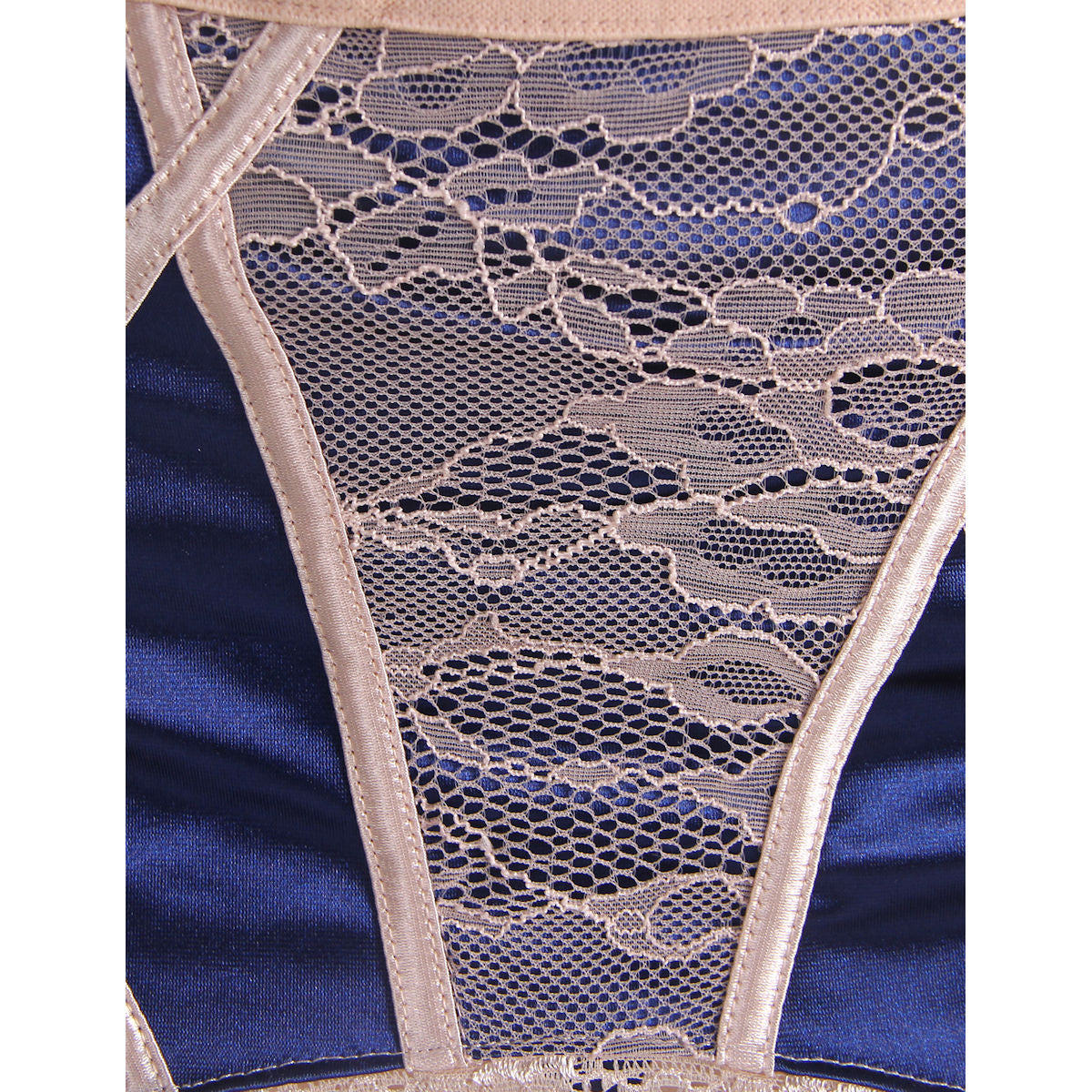 Plus Size Lingerie Bra and Suspender Set Navy with Beige Lace Overlay