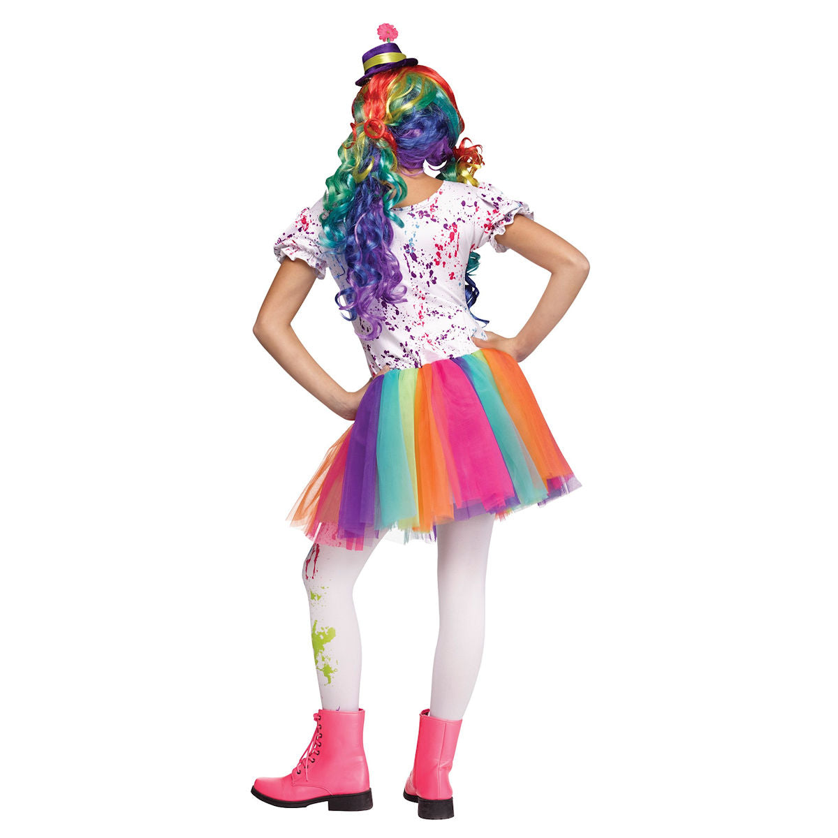 Crazy Colourful Happy Clown Girls Fancy Dress Costume with Hat