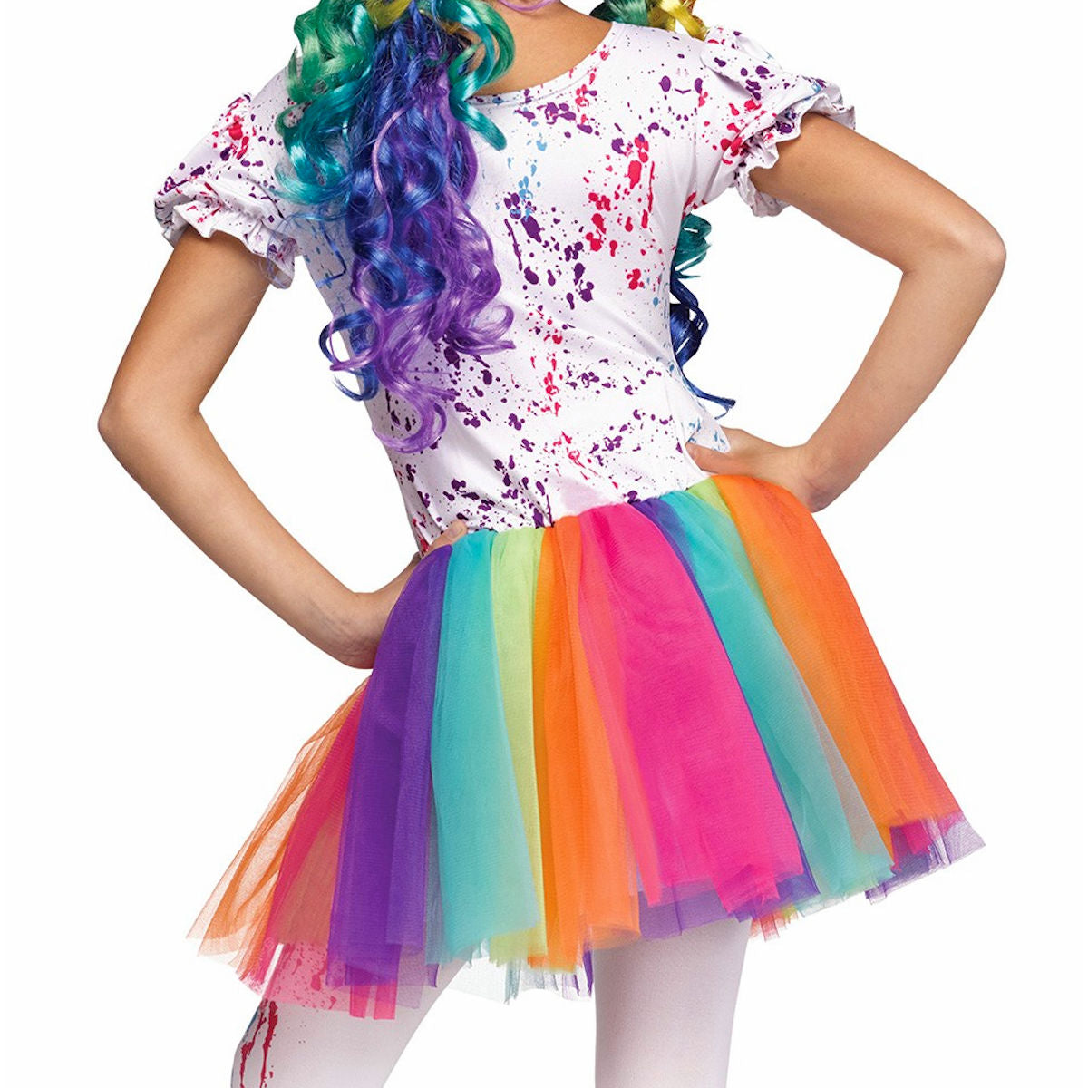 Crazy Colourful Happy Clown Girls Fancy Dress Costume with Hat