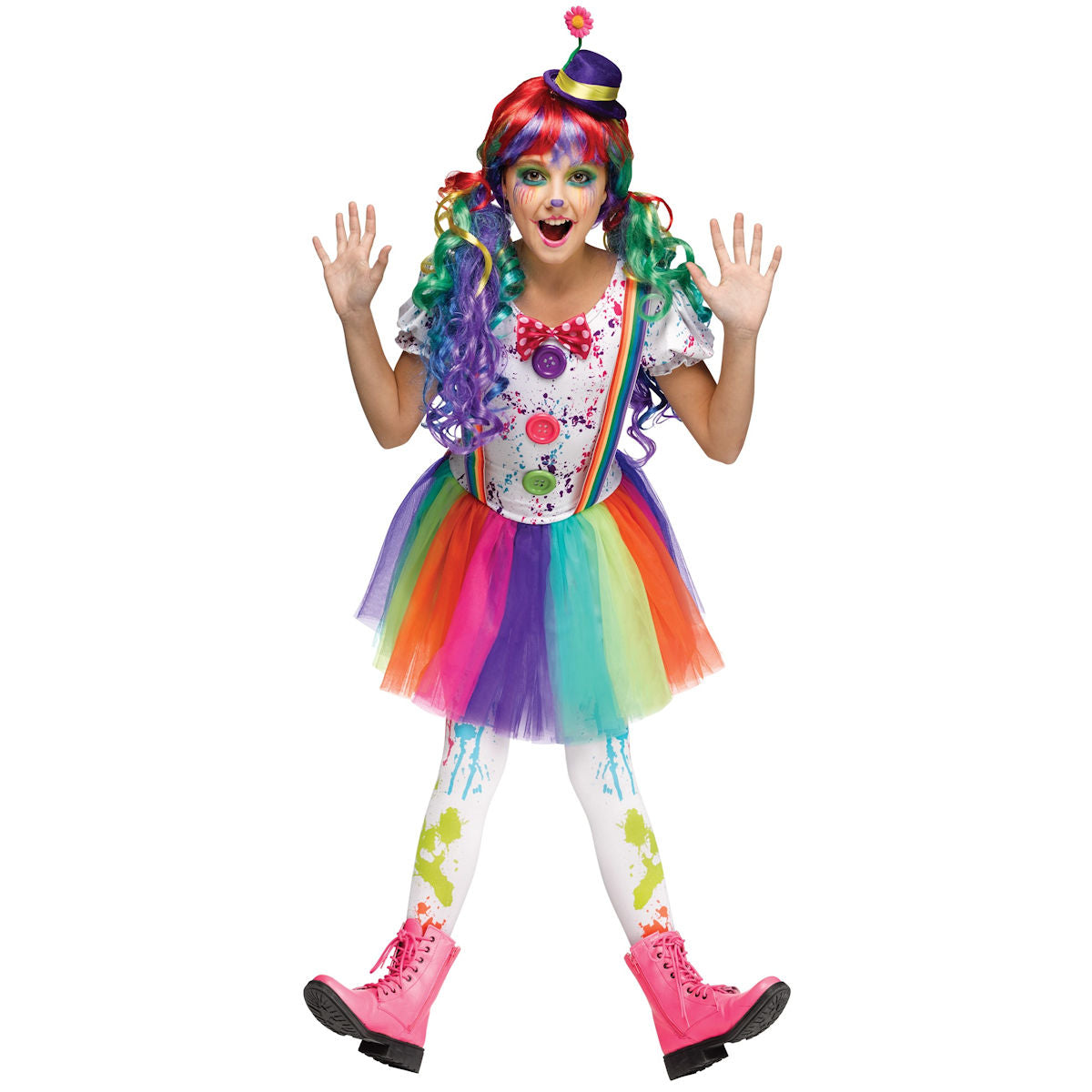 Crazy Colourful Happy Clown Girls Fancy Dress Costume with Hat