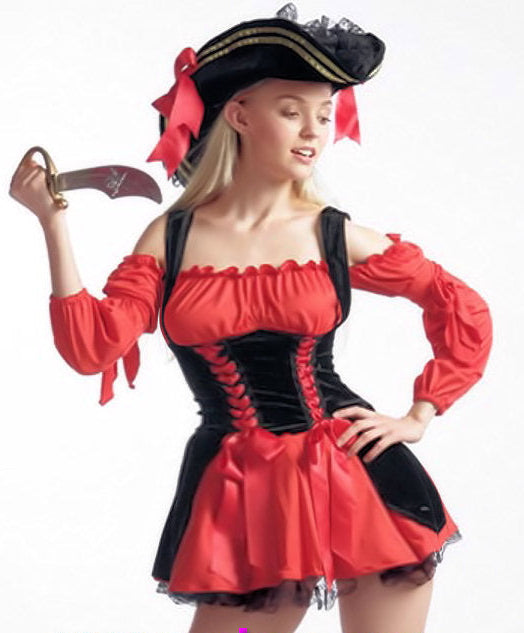 A woman modeling a red and black pirate costume with long puffy sleeves, a corset-style top, and a matching red hat. The costume has a full skirt with tulle underlay and lace detailing, and includes a red G-string.