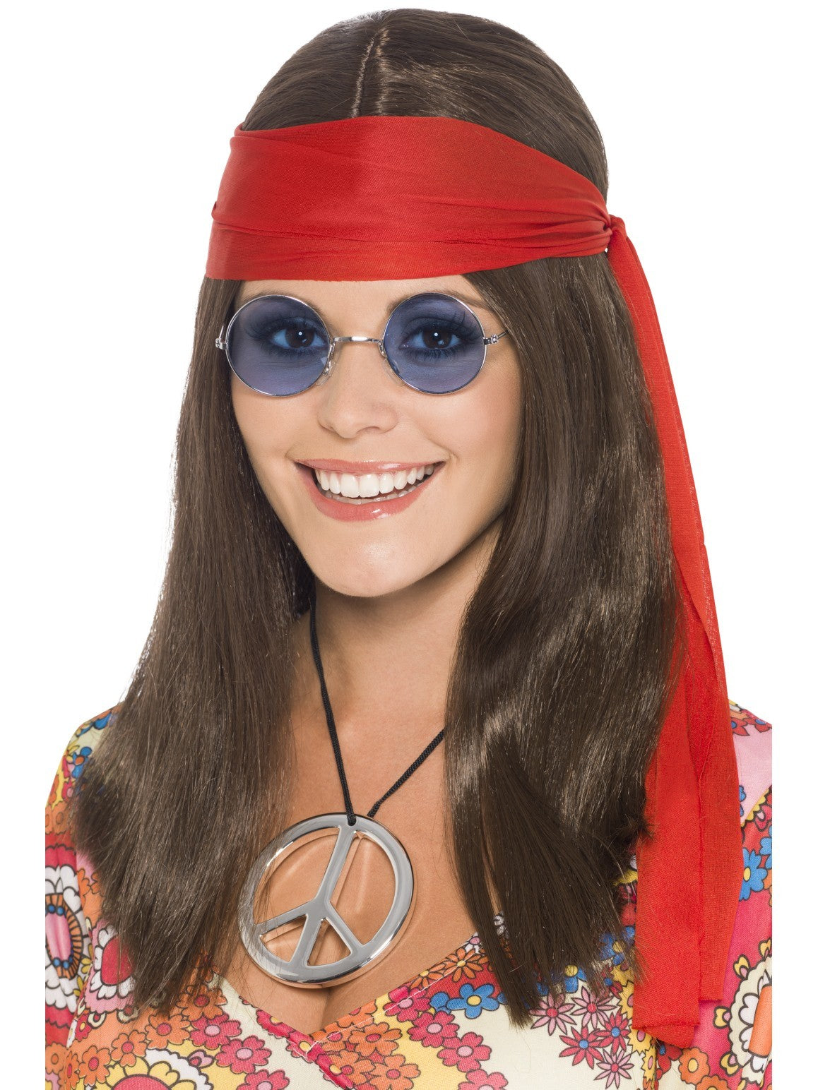 1960's Hippie Girl Brown Hair Wig + Glasses + Medallion + Headband Hippy SET