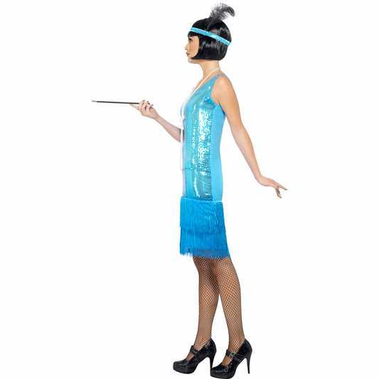 1920's Flirty Gatsby Blue Flapper Costume Includes Headband and Necklace