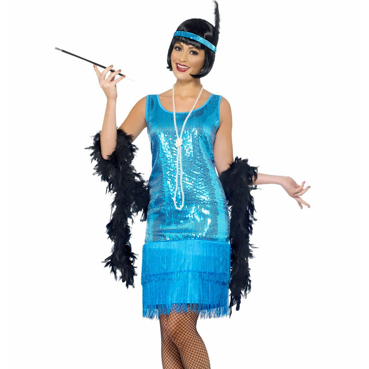 1920's Flirty Gatsby Blue Flapper Costume Includes Headband and Necklace