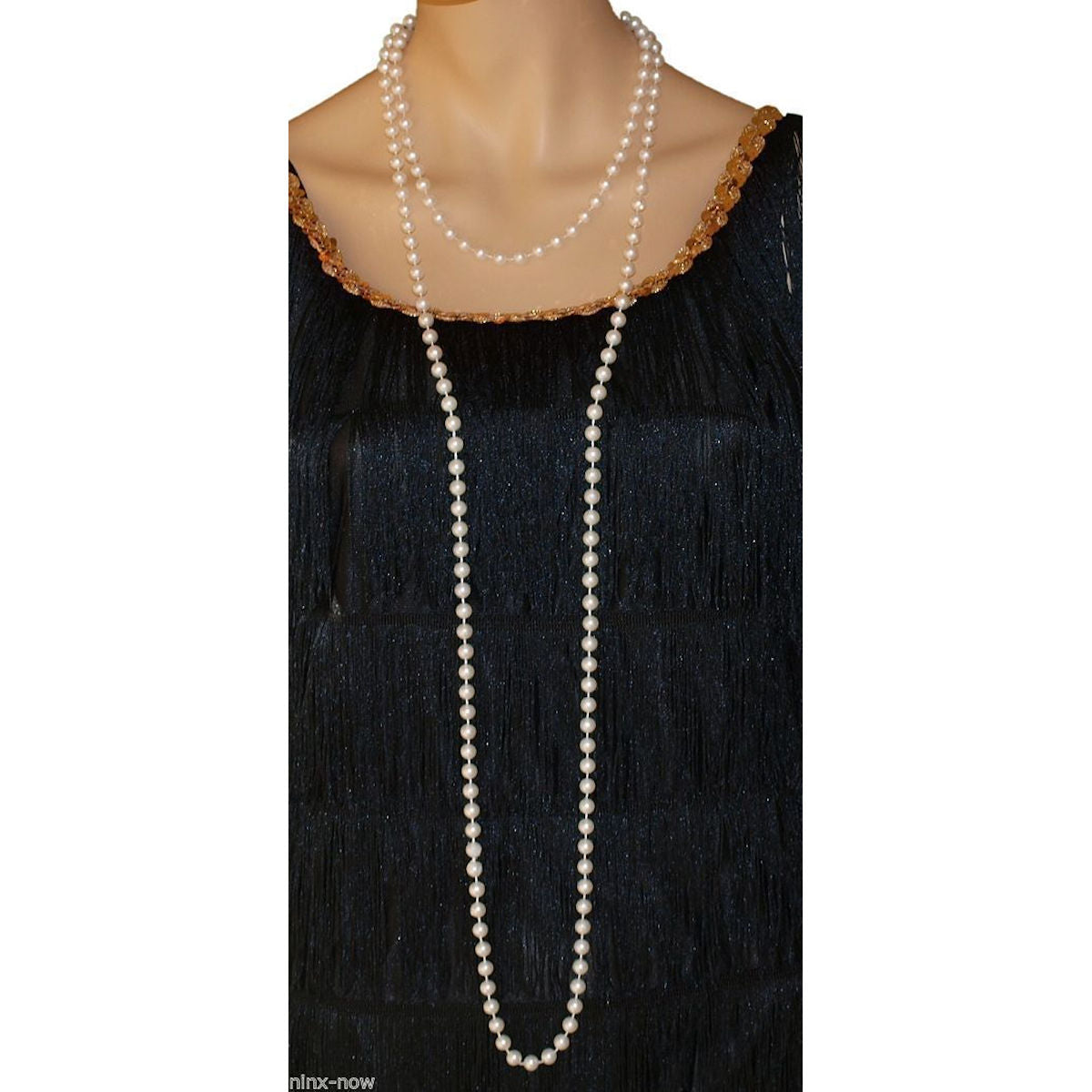 1920's EXTRA LONG Gatsby Flapper 8mm Beads Jet PEARL WHITE 91cm Long Necklace