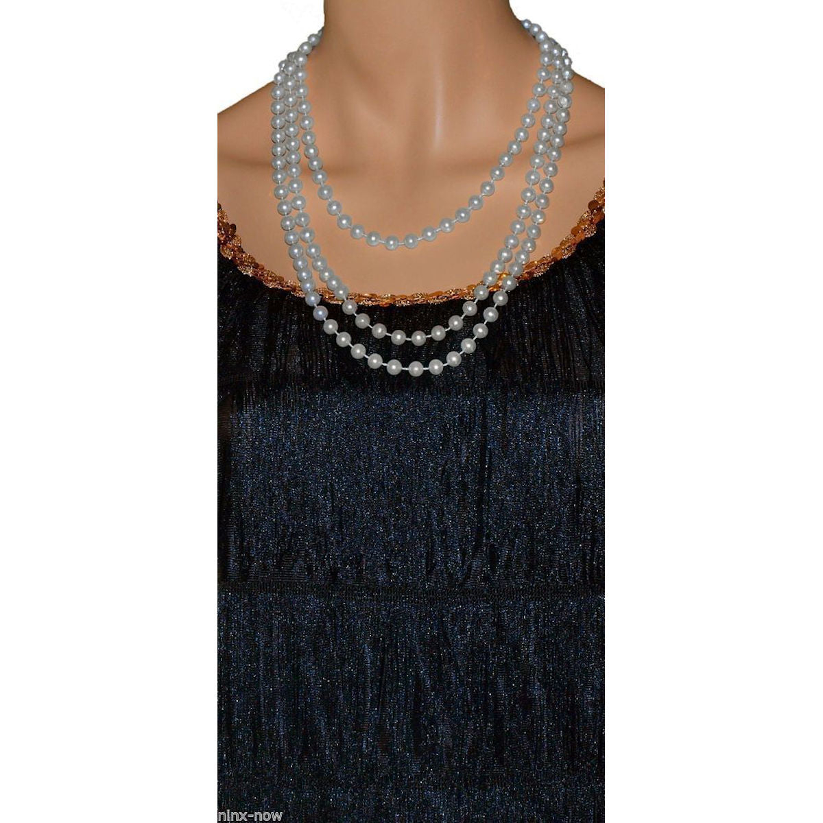 1920's EXTRA LONG Gatsby Flapper 8mm Beads Jet PEARL WHITE 91cm Long Necklace
