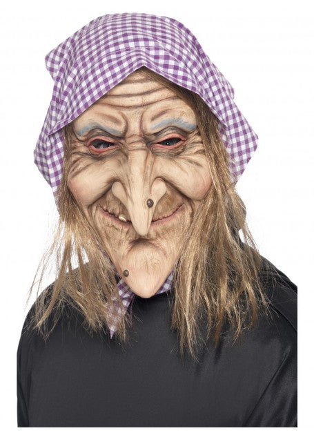 Old Witch Mask Latex with Hair and Headscarf Halloween Costume Accessory