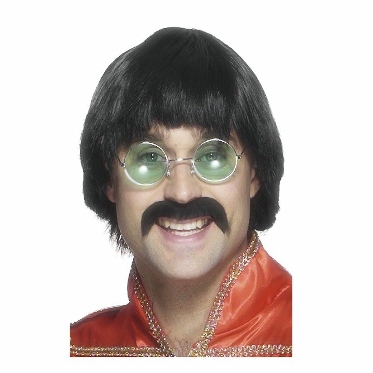 70's Mersey Wig & Tash, Black, Short Styled Men's Costume Fancy Dress Wig