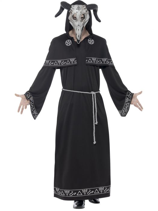 Cult Leader Costume, Black, with Robe, Belt & Latex Overhead Mask