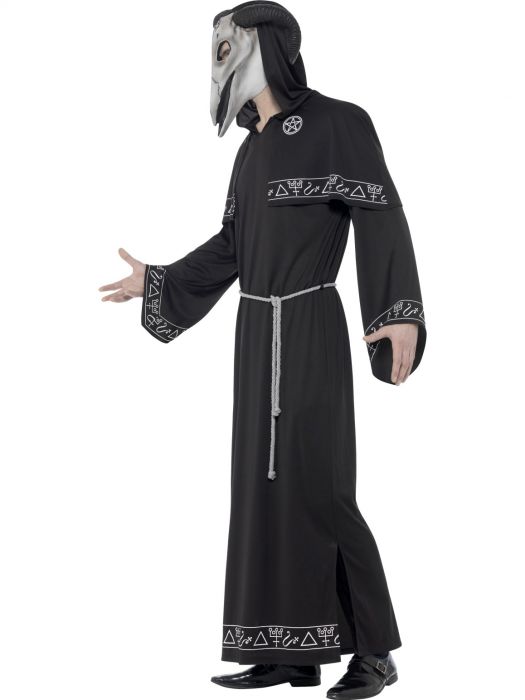 Cult Leader Costume, Black, with Robe, Belt & Latex Overhead Mask