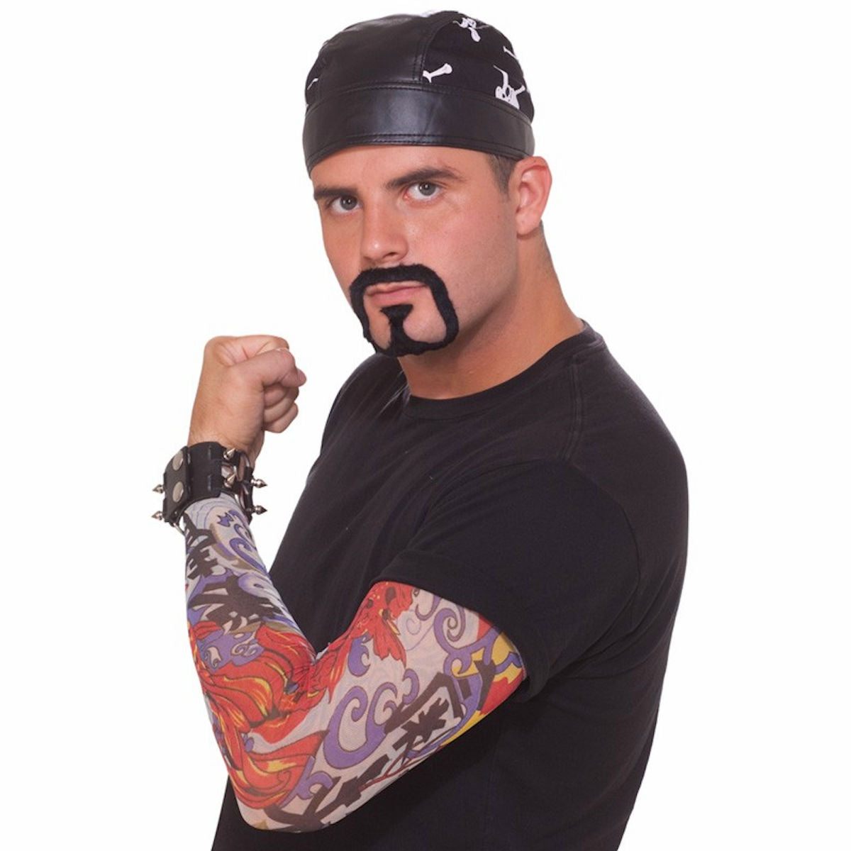 Bad Biker Costume Kit with Skull Cap, Tattoo Sleeve and Goatee Instant costume