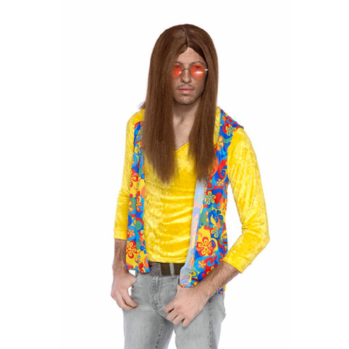 1960's Hippie Guy Brown Hair Wig Men's Fancy Dress Costume Hippy Wig