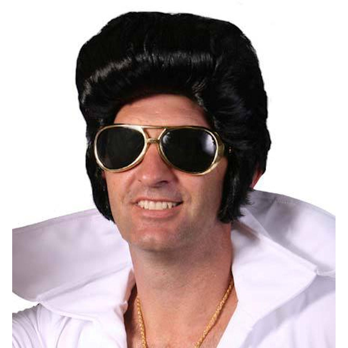 1970's King of Rock 1950's Rocker Wig with Long Sideburns Black Costume Wig