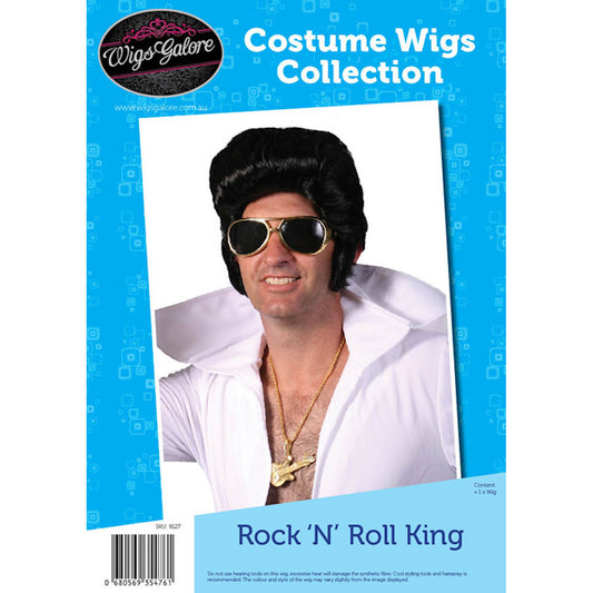 1970's King of Rock 1950's Rocker Wig with Long Sideburns Black Costume Wig