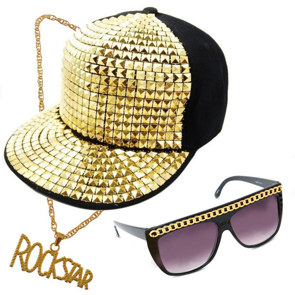 Party Rock Kit 24K Magic B Mars Studded Cap, Glasses & Neck Chain Set