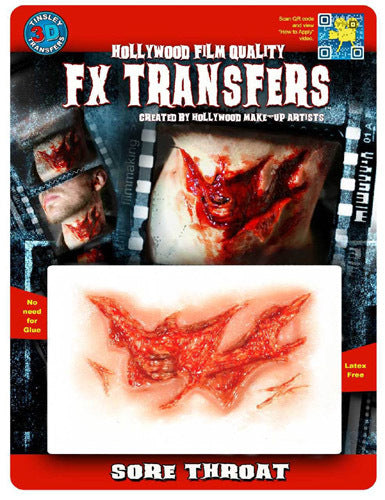 Sore Throat 3D FX Transfer Tinsley Temporary Tattoo Halloween Special FX Make Up