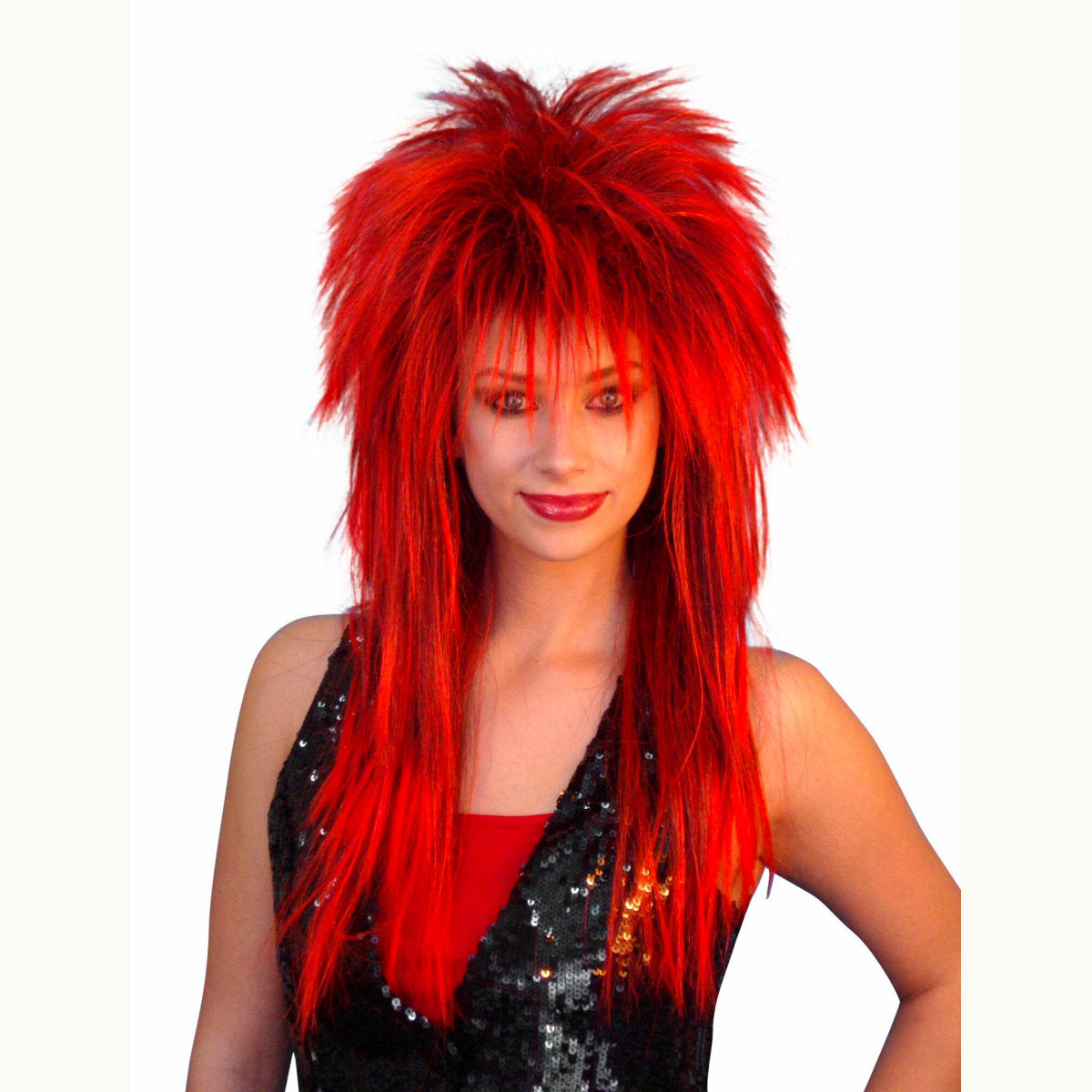 1980's Spiky Punk Vamp Red & Black Deluxe Wig Mullet Styled Costume Wig