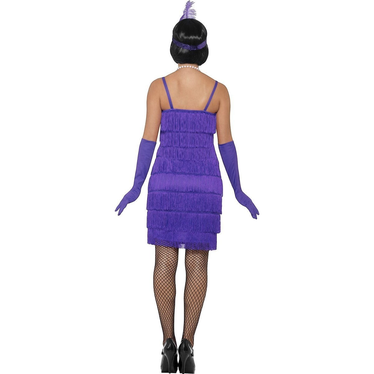 Ninx Costumes plus size purple 1920s flapper dress with fringe, matching gloves, and a feathered sequin headpiece.