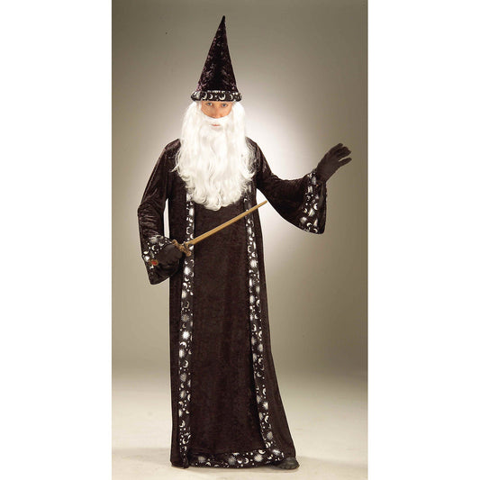 Merlin Wizard Black Velveteen Full Length Robe & Hat Adult Costume
