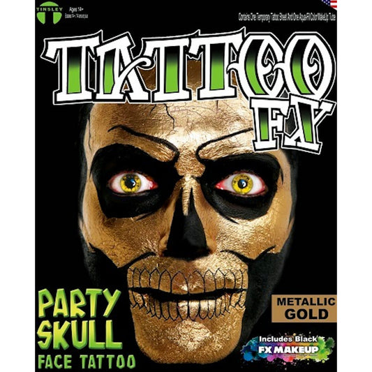 Party Skull Metallic Gold Face Tattoo Genuine Tinsley Transfer