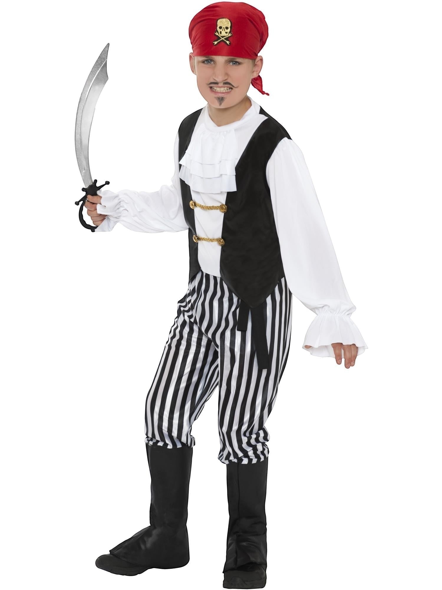 Ninx Costumes boy wearing a pirate costume with a white shirt, black vest, striped pants, red headscarf, and boot covers