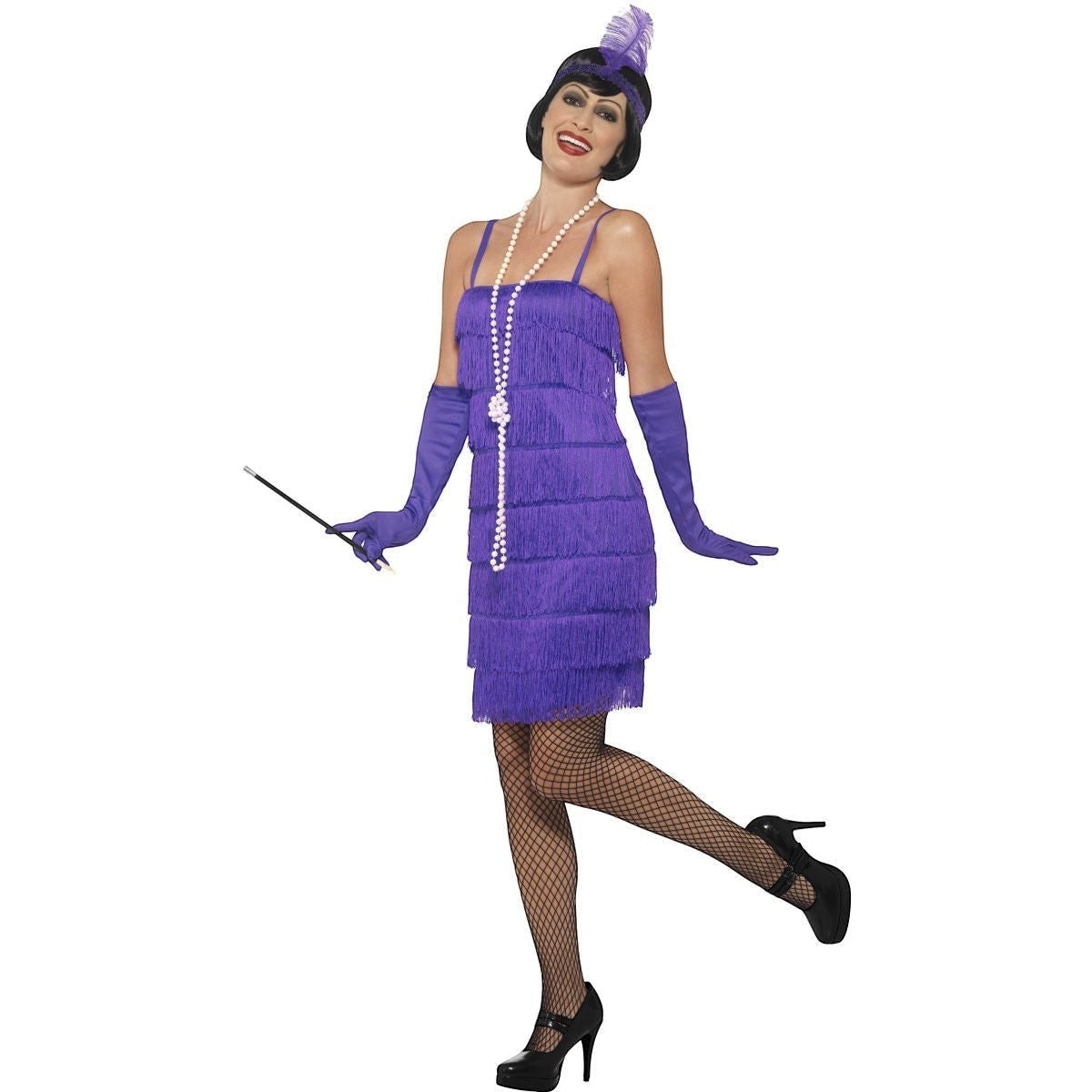 Ninx Costumes plus size purple 1920s flapper dress with fringe, matching gloves, and a feathered sequin headpiece.