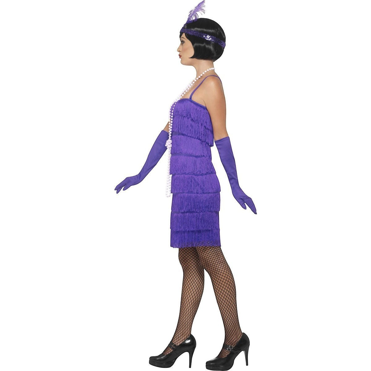Ninx Costumes plus size purple 1920s flapper dress with fringe, matching gloves, and a feathered sequin headpiece.