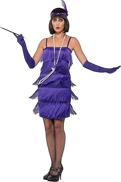 Ninx Costumes plus size purple 1920s flapper dress with fringe, elbow-length gloves, and a feathered sequin headpiece.