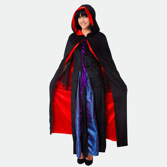 Black and Red Velveteen Reversible Hooded Cape Cloak UNISEX Costume Accessory