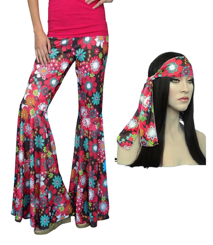 1970's Hippie Bell Bottoms Pants Women's Fancy Dress Hippy Flower Power Pants & Headband