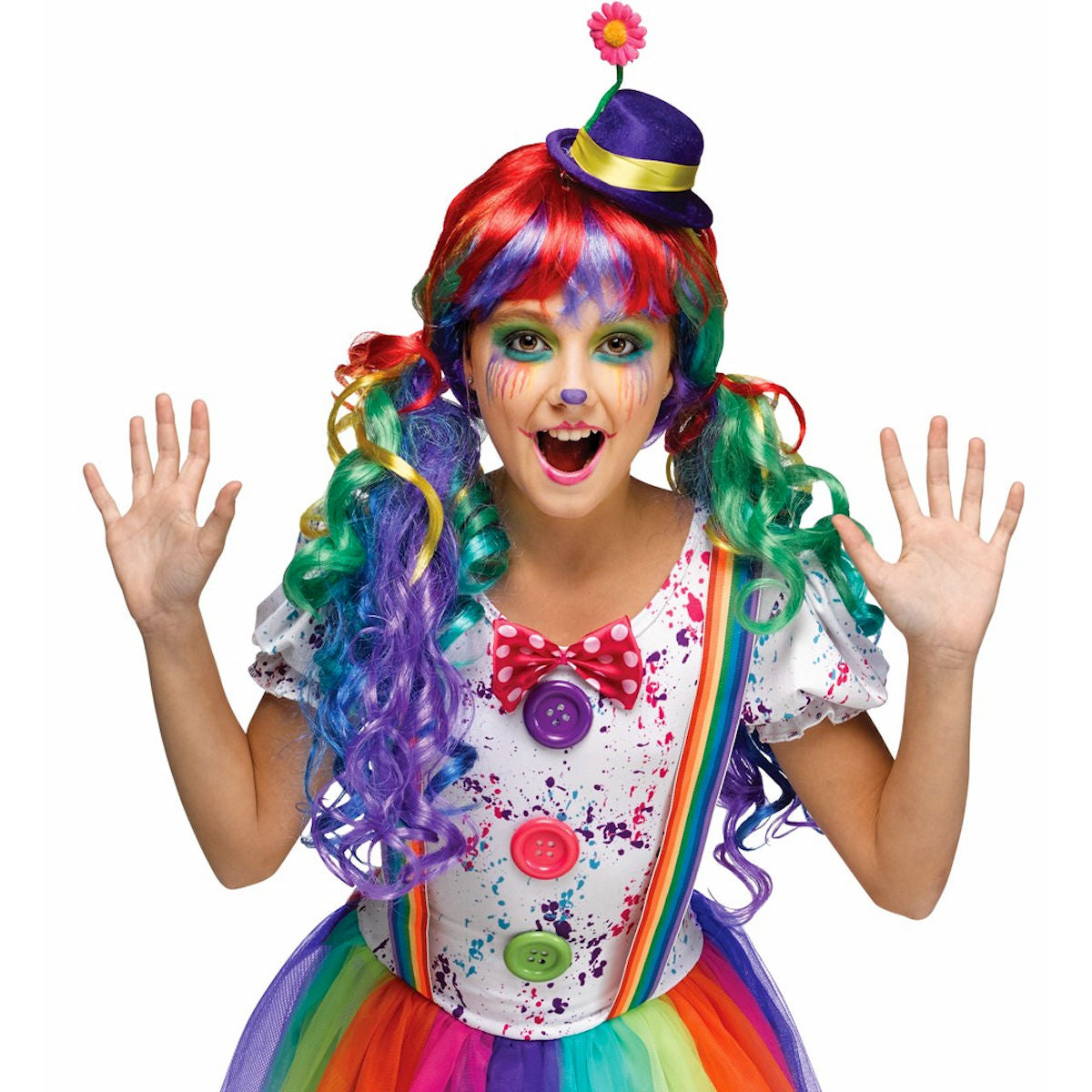 Crazy Colourful Happy Clown Girls Fancy Dress Costume with Hat