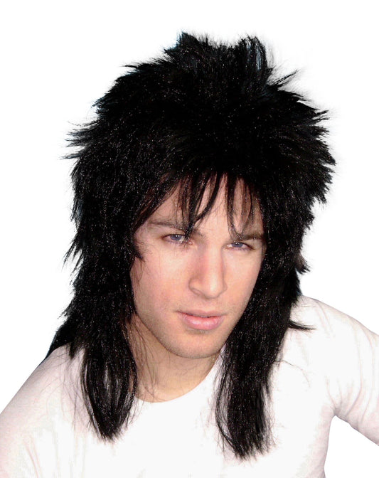 80's Spiky Poita Black Mullet Rock Star WIG Men's Costume Wig
