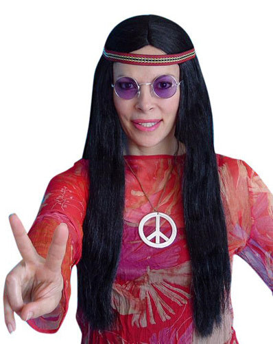 70's Hippie Girl Wig Black Long Hair with Headband Women's Costume Accessory