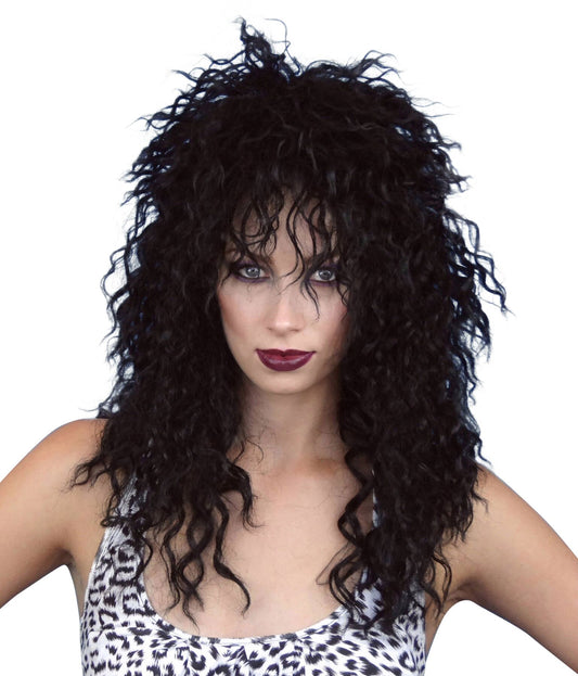 80s Rocker Cher Shaggy Crimped Black Wig Women's fancy dress costume WIG