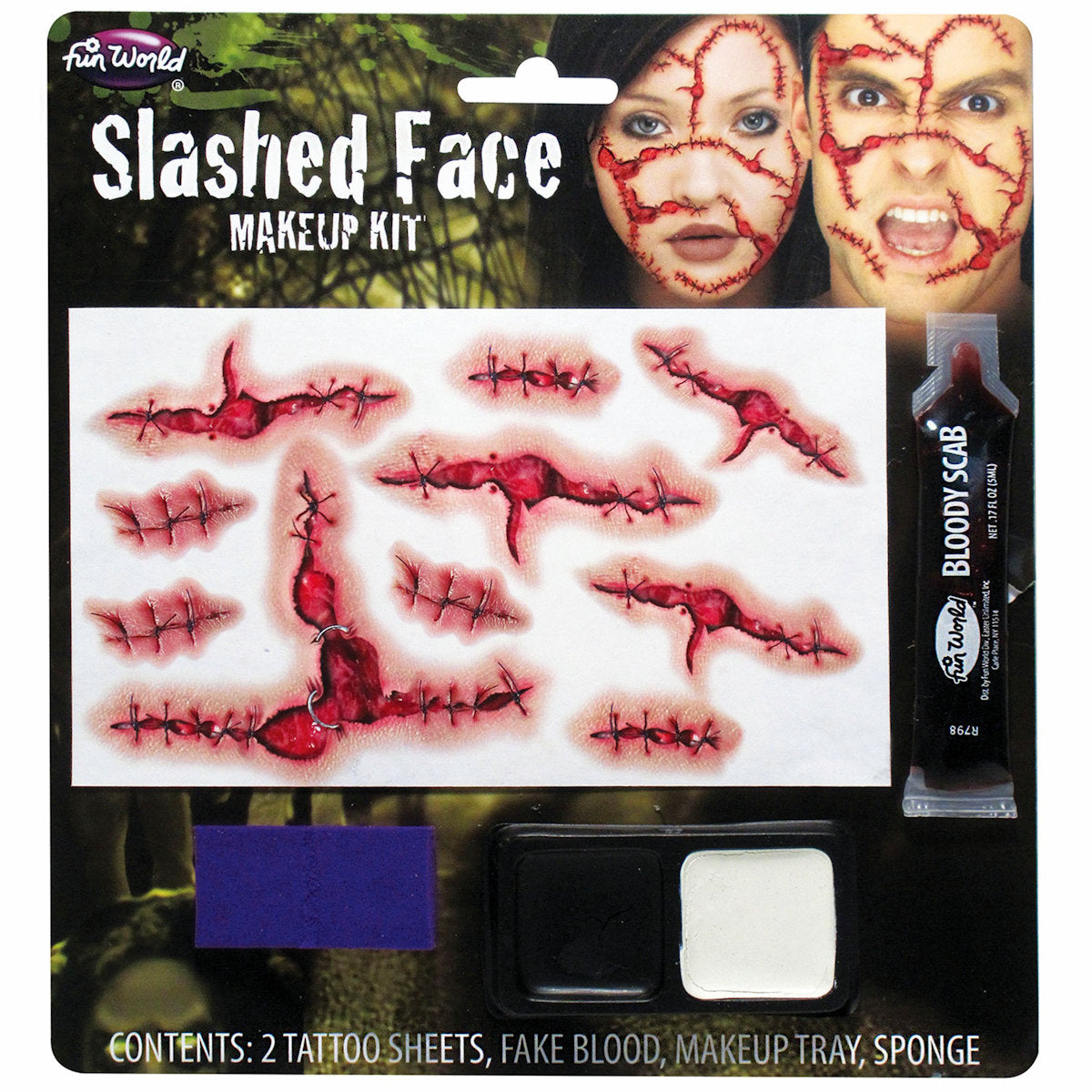 Slashed Face Temporary Tattoo and Bloody Scab Make up Kit Set Halloween Zombie