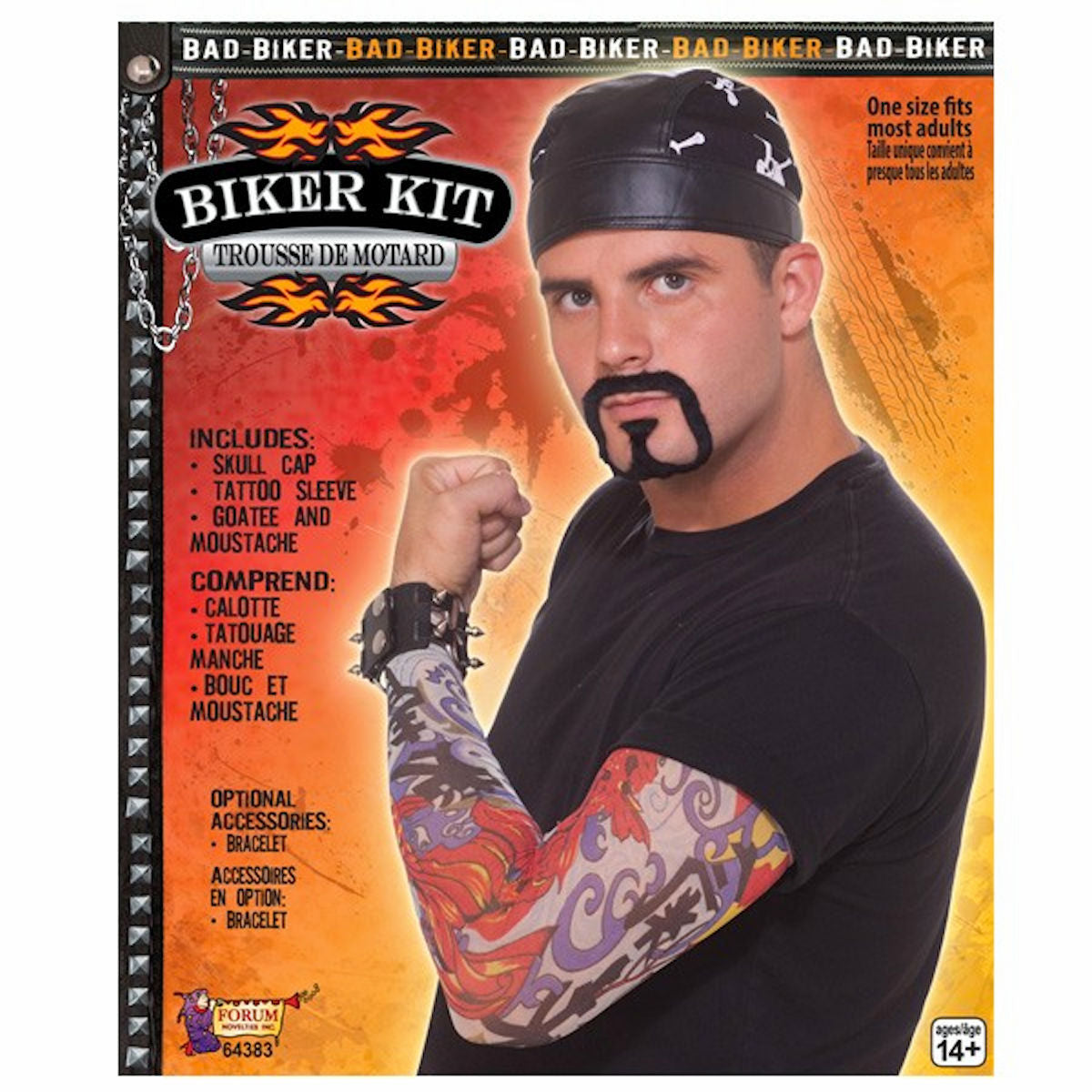 Bad Biker Costume Kit with Skull Cap, Tattoo Sleeve and Goatee Instant costume