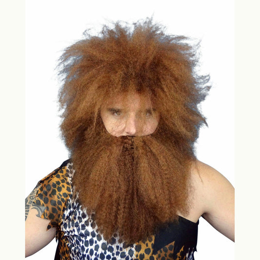 Men's Caveman Wig & Beard Set Brown Crimped Hair DELUXE Fancy Dress Costume Wig