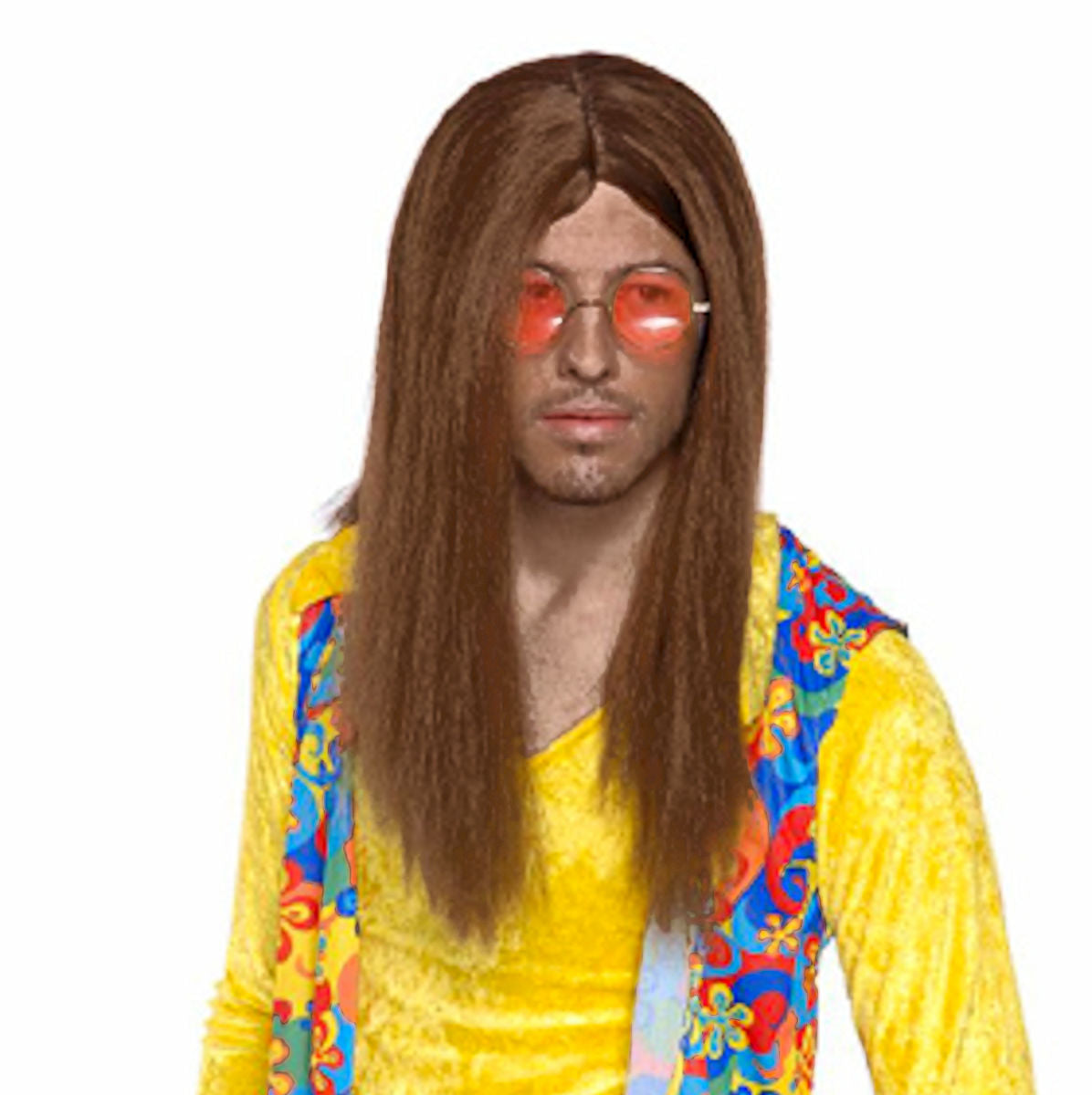 1960's Hippie Guy Brown Hair Wig Men's Fancy Dress Costume Hippy Wig