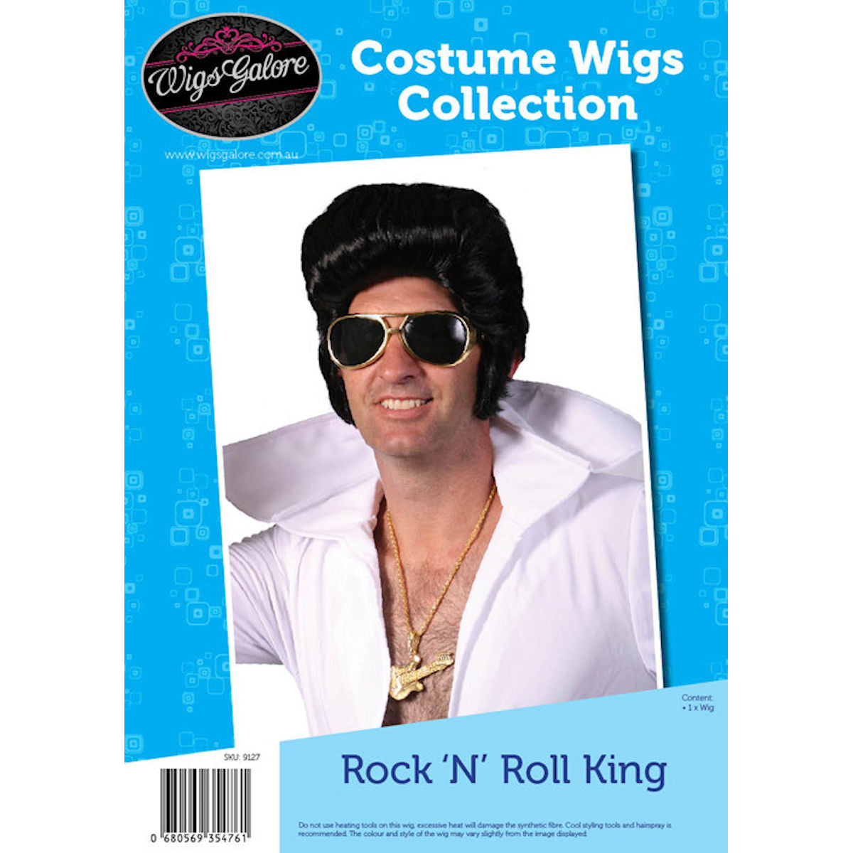 1970's King of Rock 1950's Rocker Wig with Long Sideburns Black Costume Wig