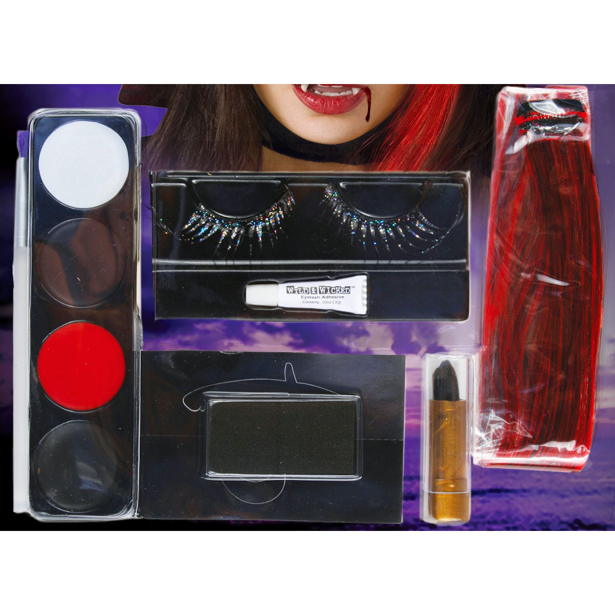 Vampire Fantasy Makeup Kit FX Halloween with Eyelashes, Lipstick & Hair