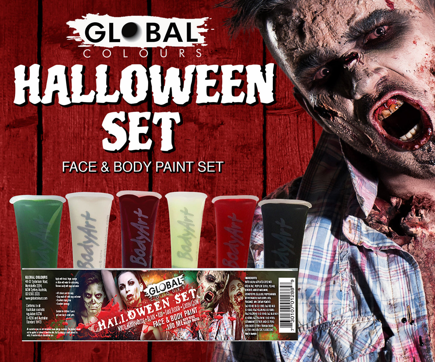 Halloween Makeup Kit Face & Body Liquid Paint Set 6 colours 180ml Global Colours